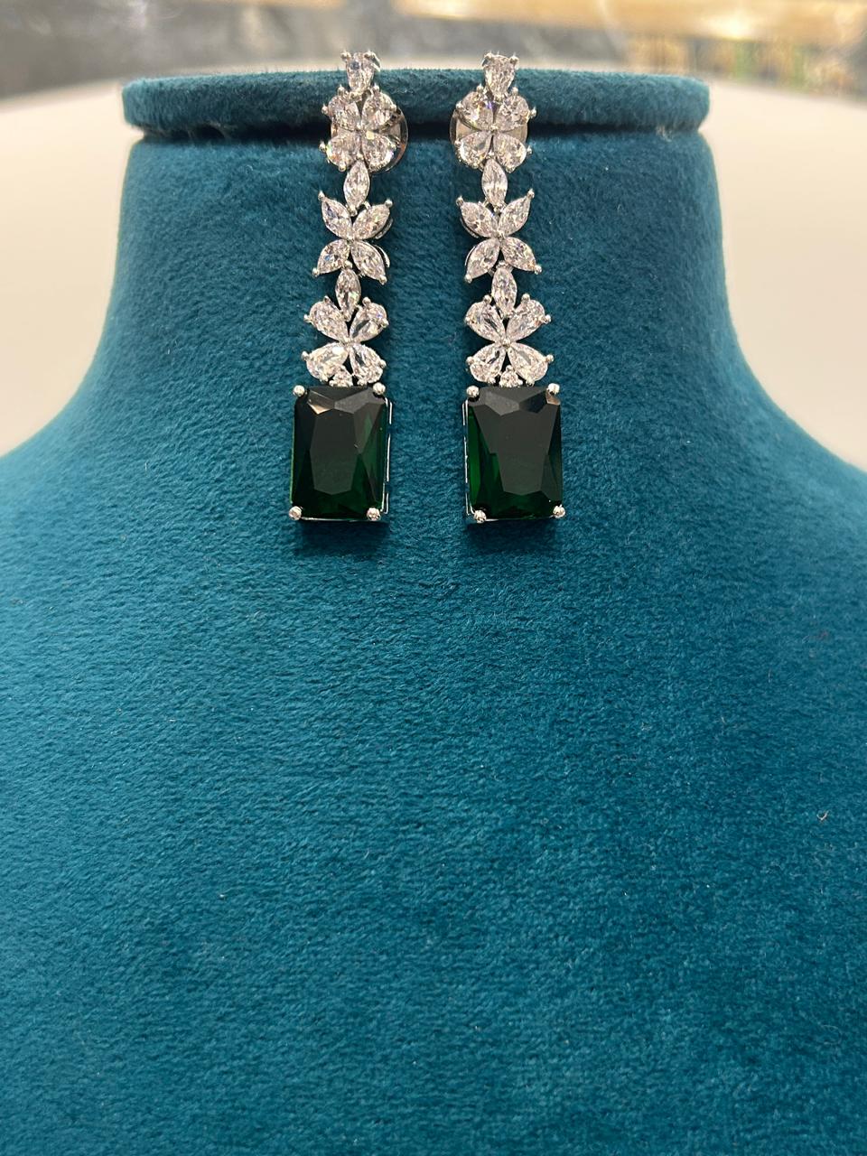 Double Layer CZ Diamond & Emerald Pendant Necklace Set