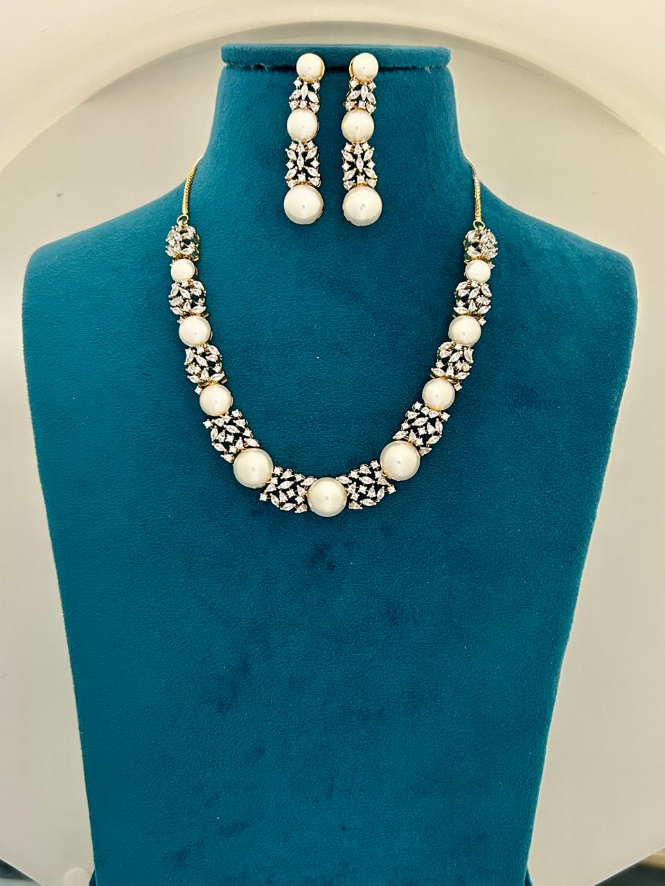Elegant Pearl & CZ Diamond Necklace Set