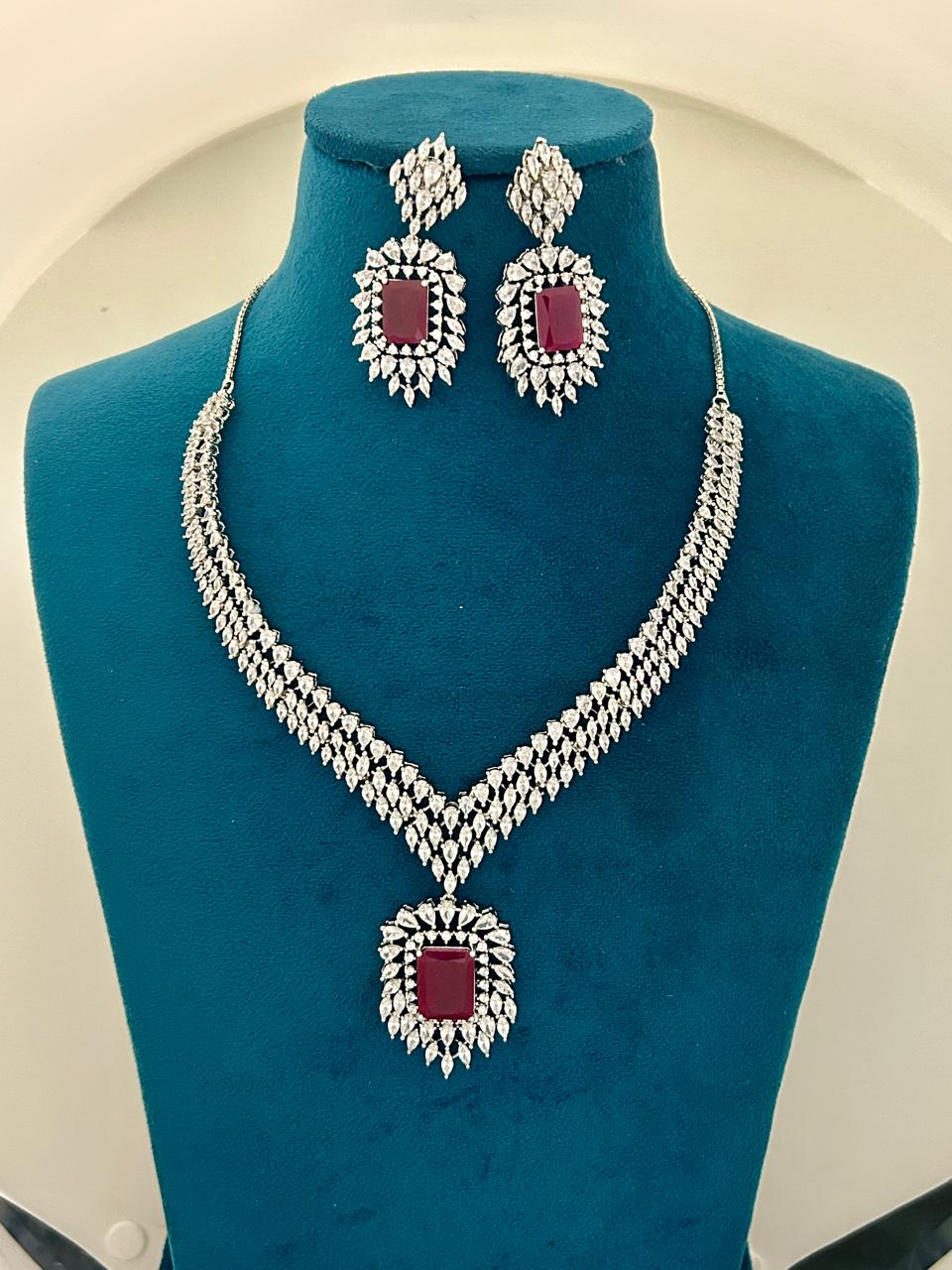 Ruby CZ Diamond Premium Bridal Necklace Set