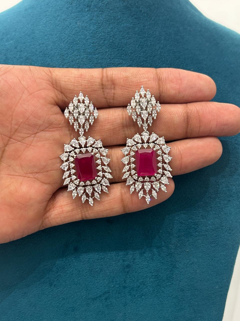 Ruby CZ Diamond Premium Bridal Necklace Set