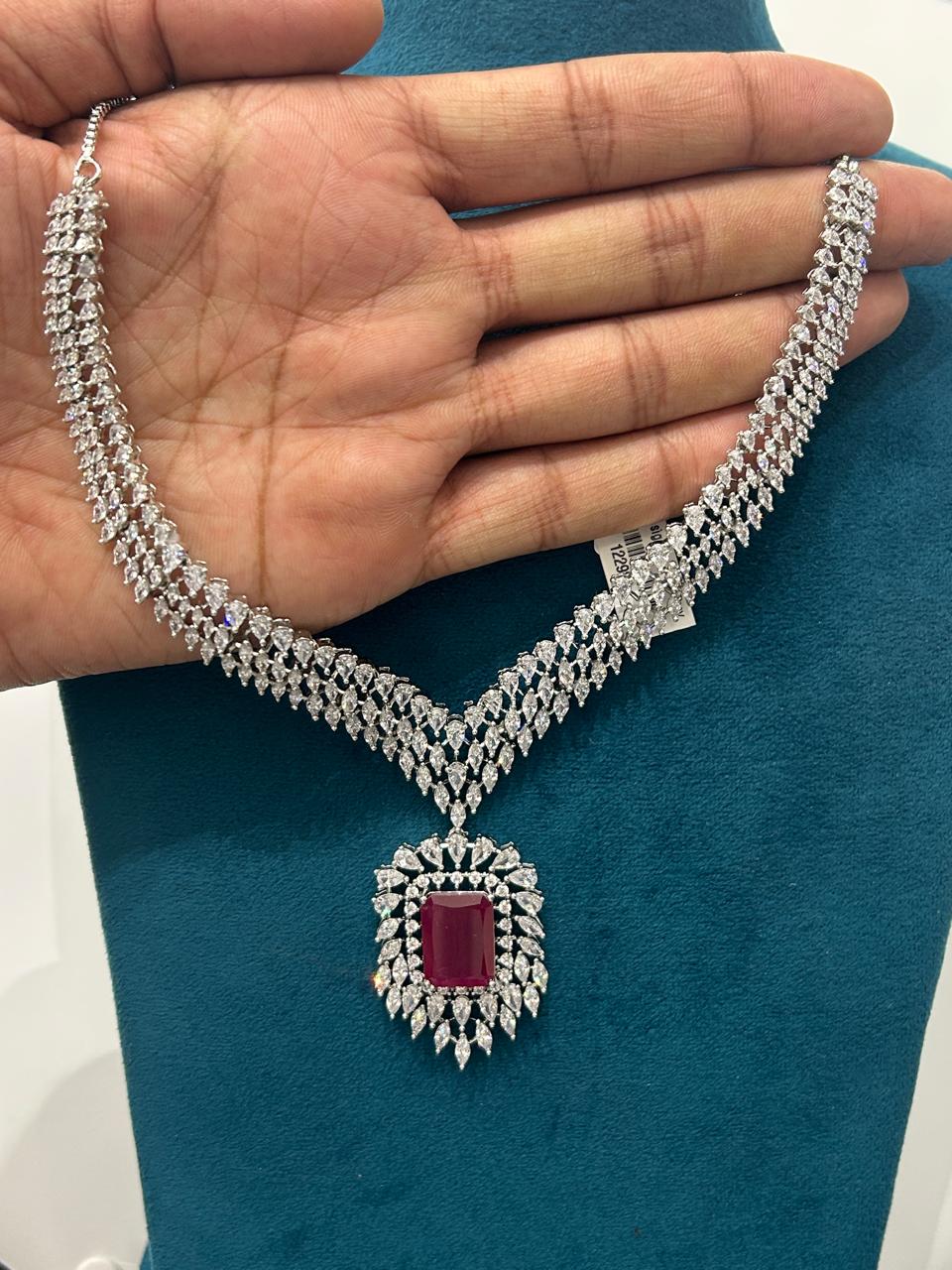 Ruby CZ Diamond Premium Bridal Necklace Set