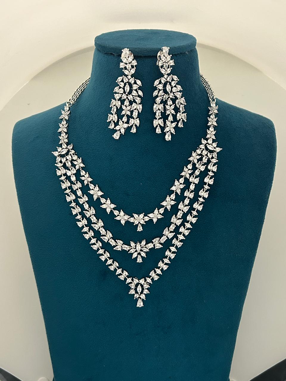 Triple Layer CZ Diamond Bridal Necklace Set