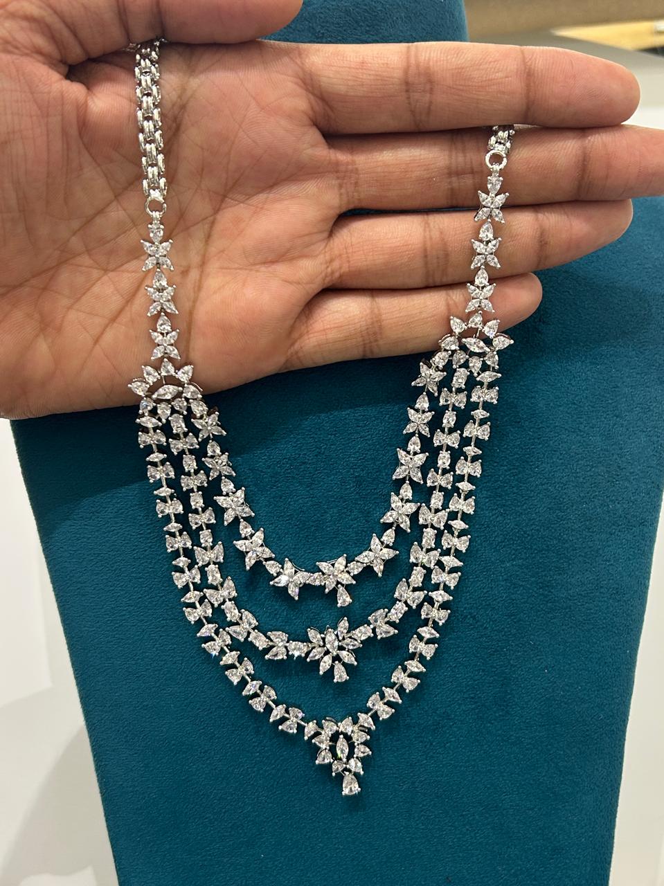 Triple Layer CZ Diamond Bridal Necklace Set