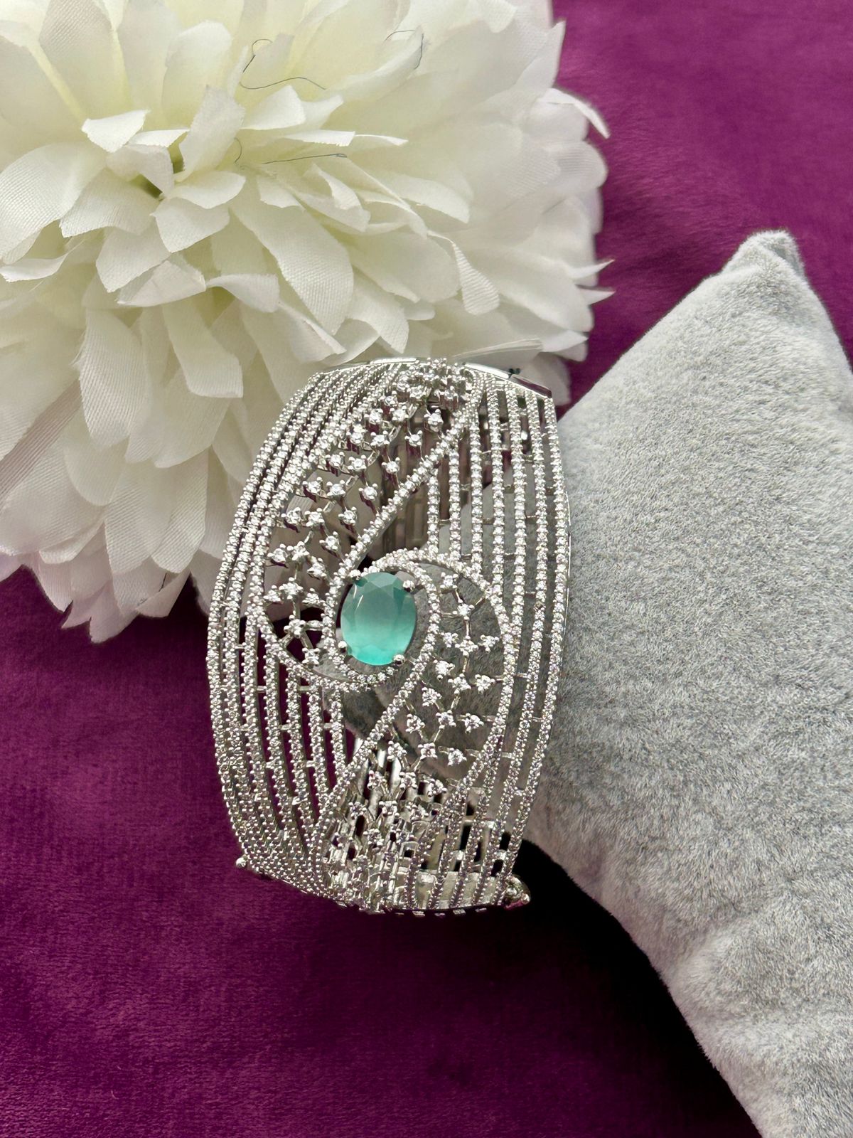 Luxury Silver Finish Aqua Stone Openable Bracelet Premium Party & Bridal Wear