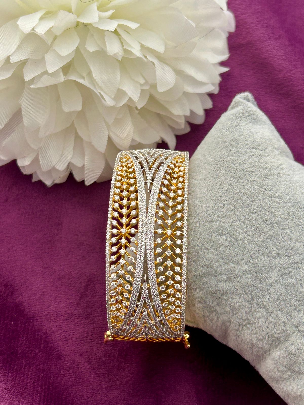 Premium Two-Tone American Diamond Designer Openable Bracelet Gold & Silver Finish