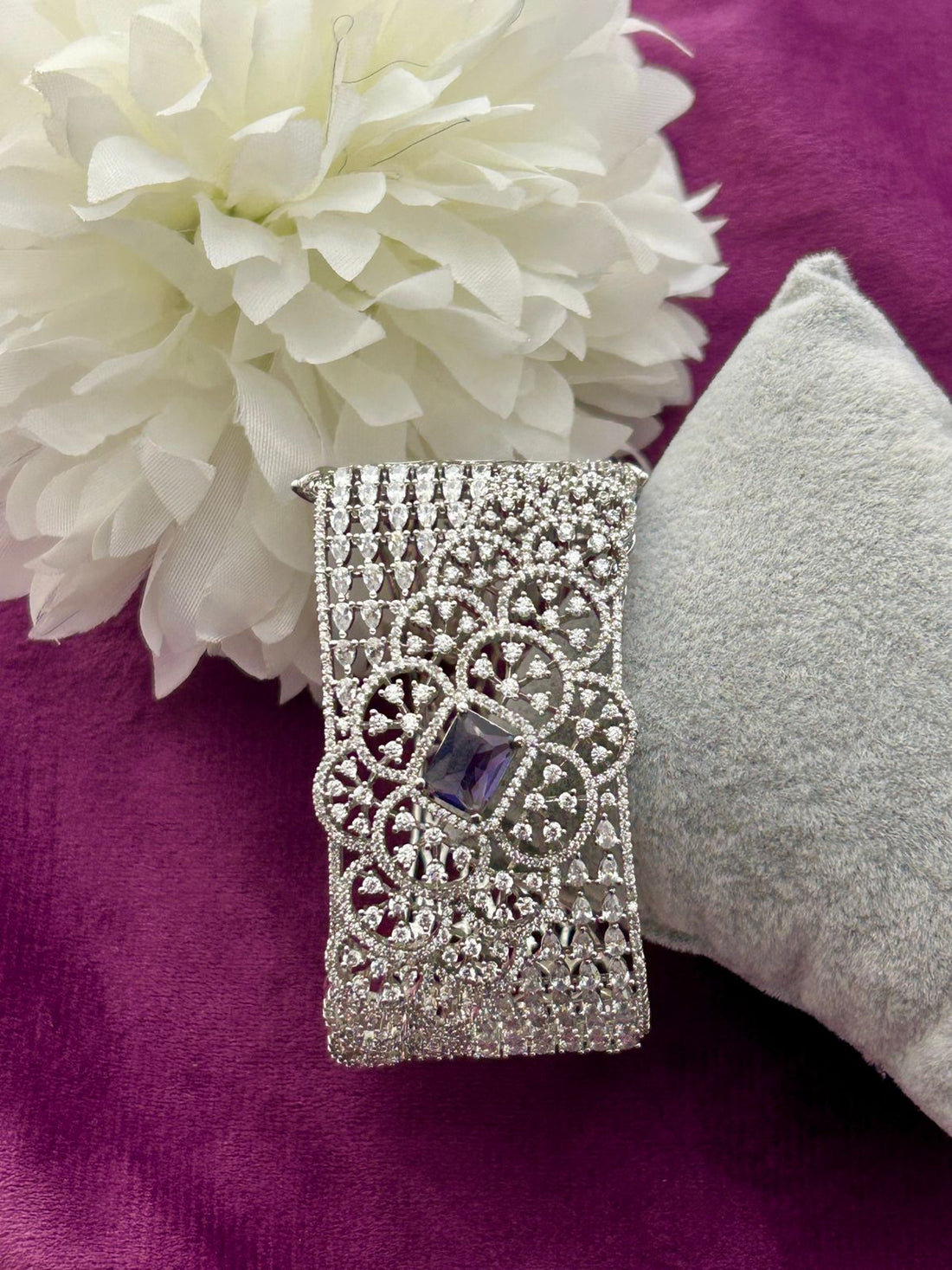 Premium Purple Stone American Diamond Openable Bracelet – Silver Finish