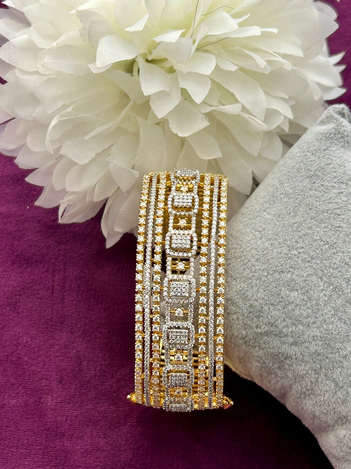 Premium Square-Cut American Diamond Multi-Line Openable Bracelet  Gold Finish