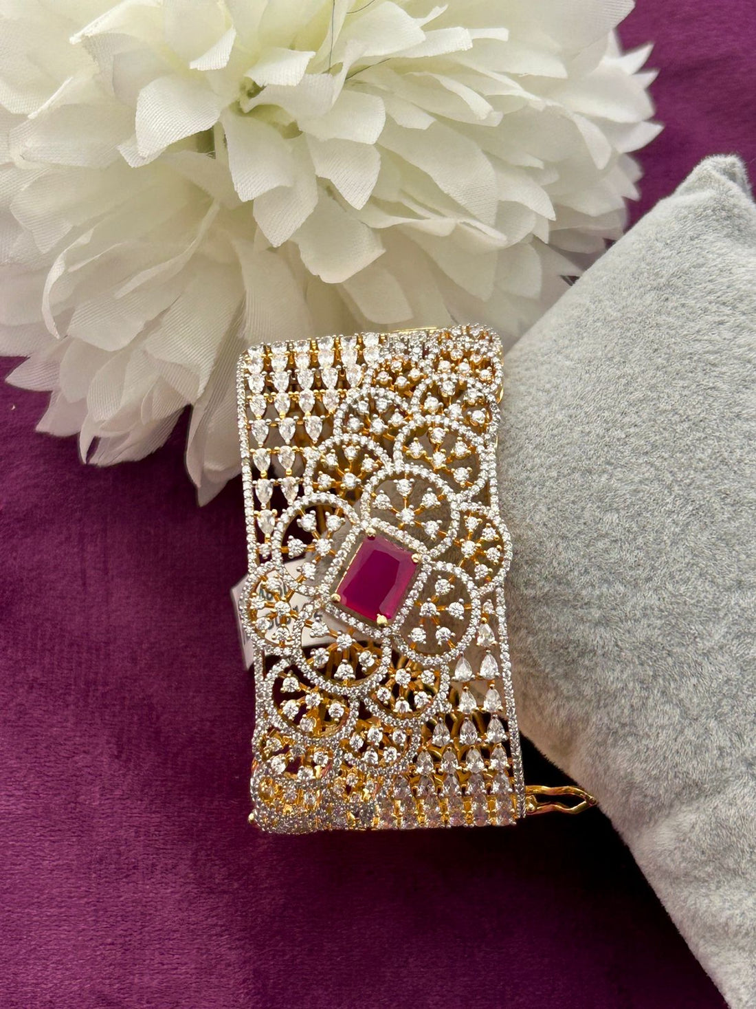 Premium Ruby Stone Filigree American Diamond Openable Bracelet Gold & Silver Finish