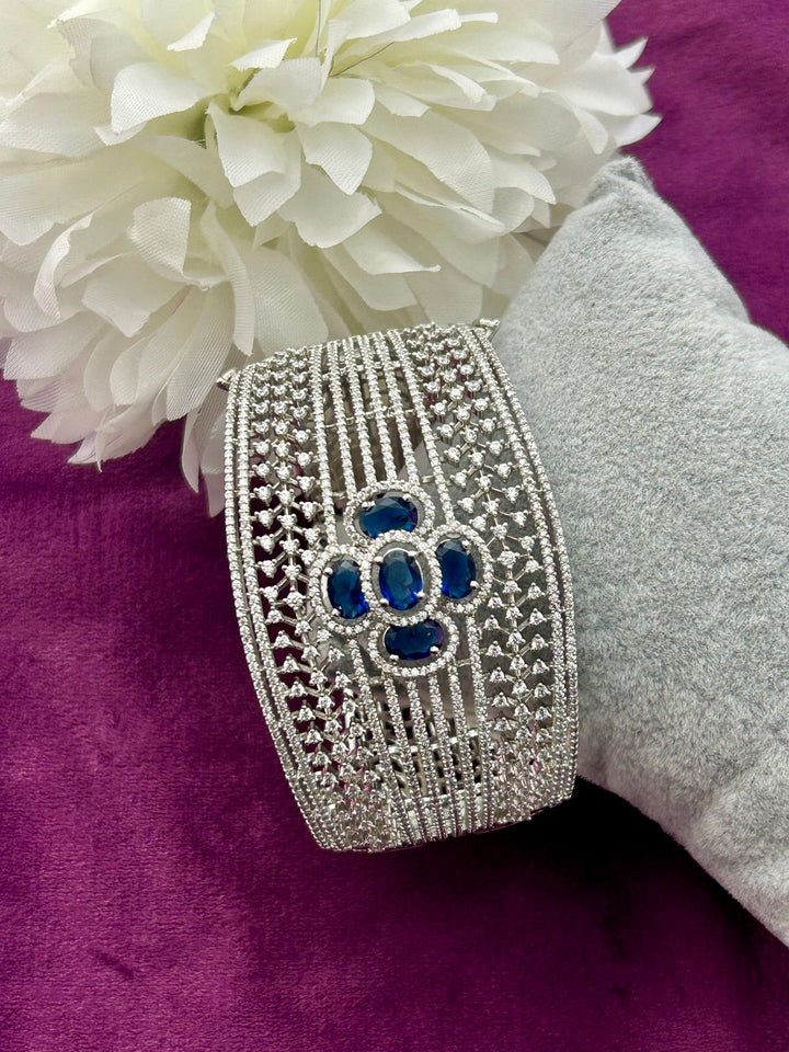 Premium Blue Stone American Diamond Openable Bracelet Silver Finish