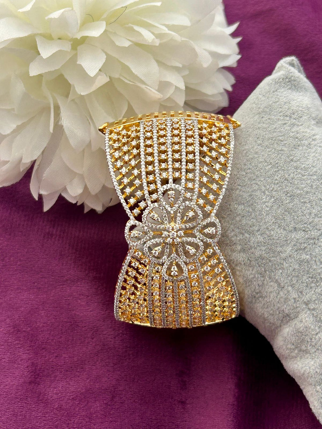 Premium Floral American Diamond Grand Openable Bracelet Gold Finish