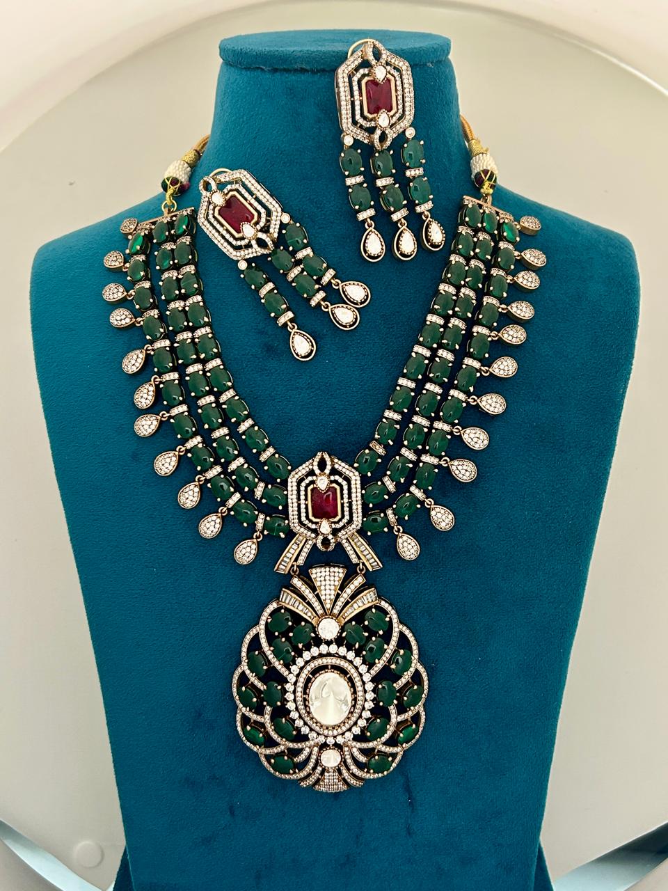 Royal Green–Ruby Heavy Bridal Kundan Necklace Set (Long Earrings Included)