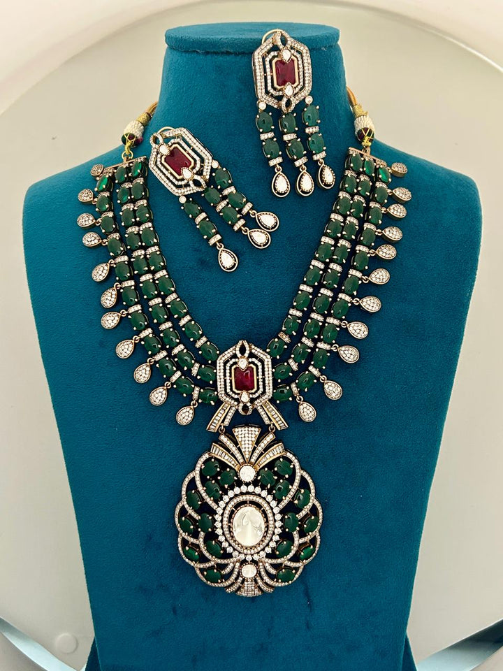 Royal Green–Ruby Heavy Bridal Kundan Necklace Set (Long Earrings Included)