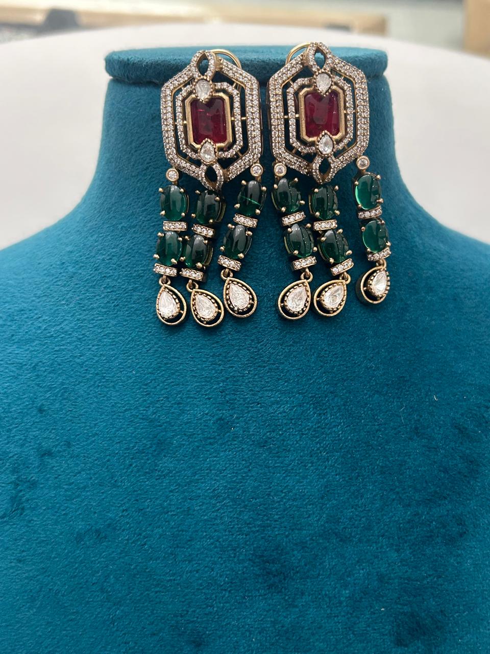 Royal Green–Ruby Heavy Bridal Kundan Necklace Set (Long Earrings Included)