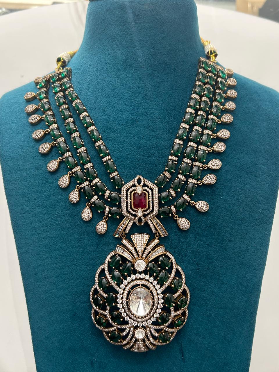 Royal Green–Ruby Heavy Bridal Kundan Necklace Set (Long Earrings Included)