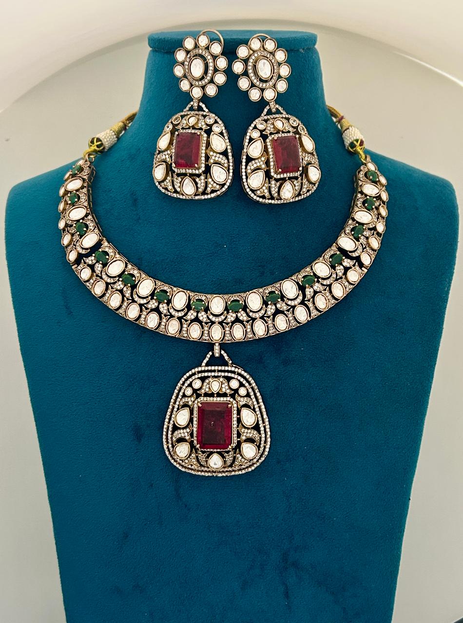Ruby Green Premium Kundan Necklace Set with Big Pendant & Earrings