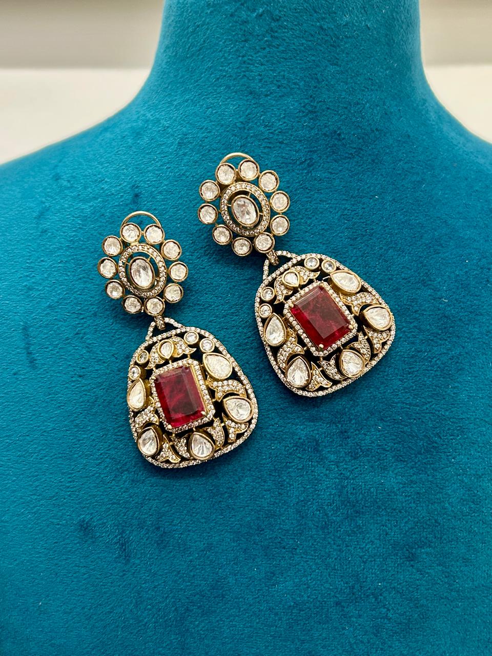 Ruby Green Premium Kundan Necklace Set with Big Pendant & Earrings