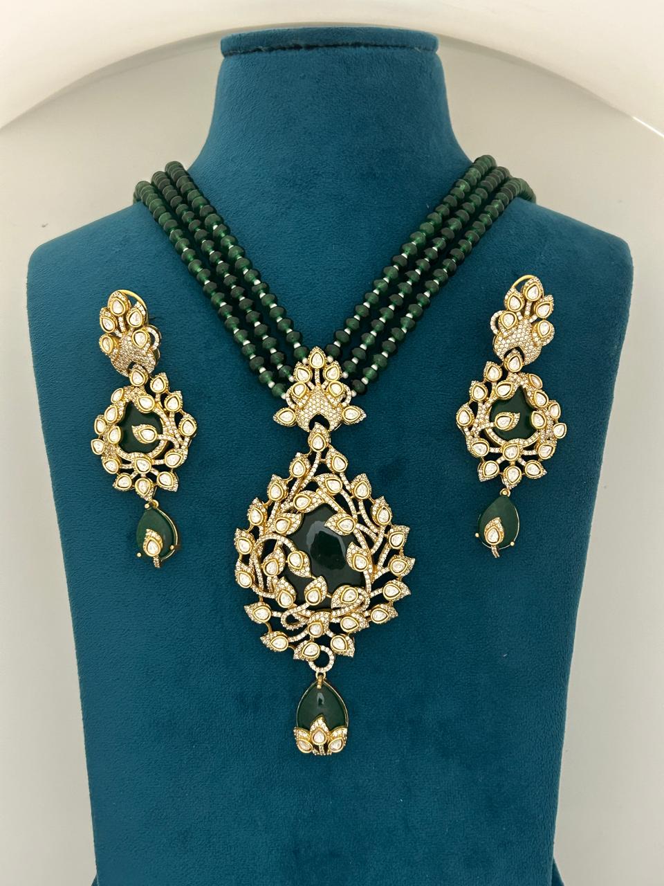 Emerald Green Beads Necklace Set with Heavy Kundan Pendant