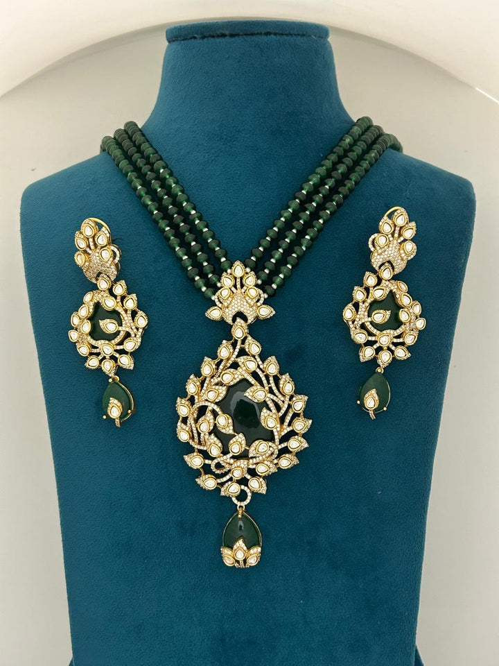 Emerald Green Beads Necklace Set with Heavy Kundan Pendant