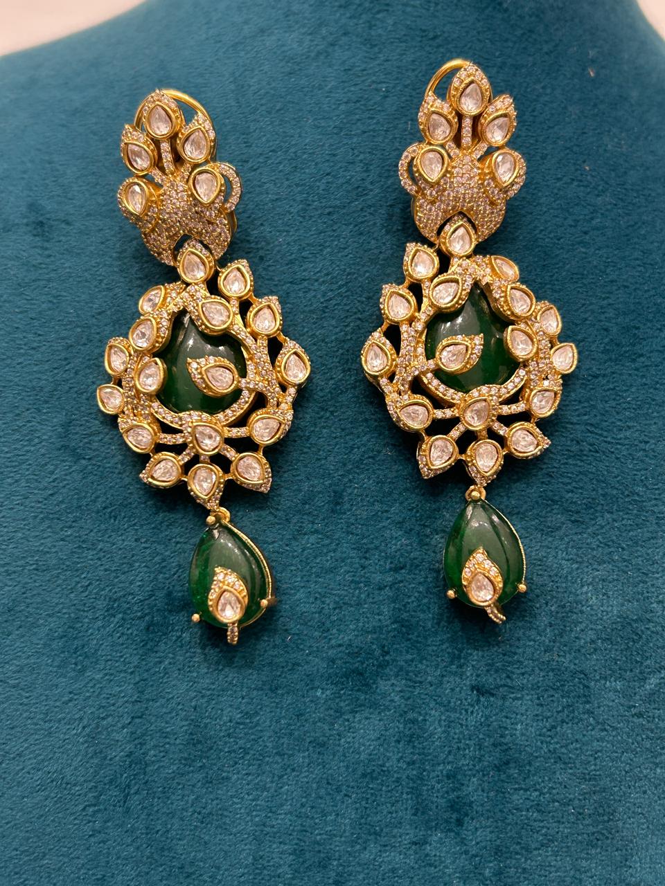 Emerald Green Beads Necklace Set with Heavy Kundan Pendant