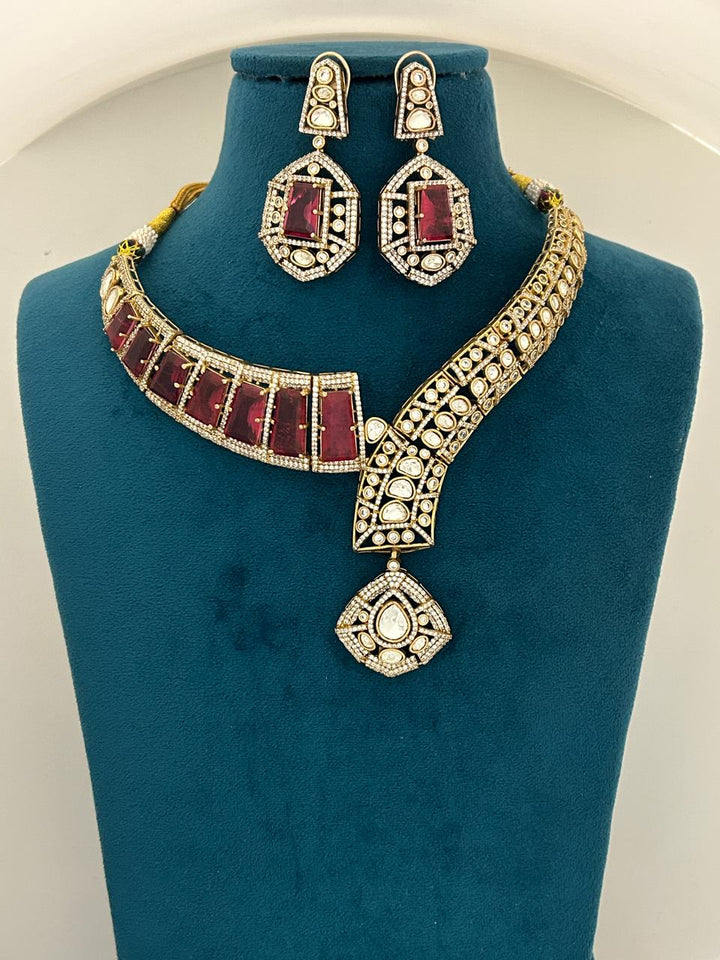 Royal Ruby Rectangle Kundan Necklace Set with Earrings
