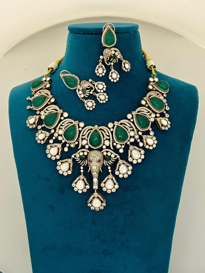 Bridal Emerald Green Kundan Heavy Necklace Set