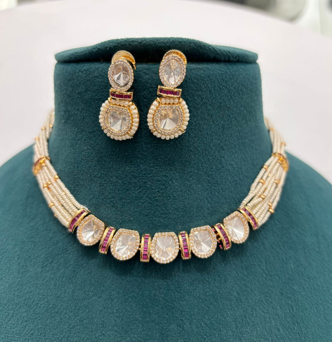 Pearl String Polki Choker Necklace Set with Ruby Accents – Premium Gold Finish