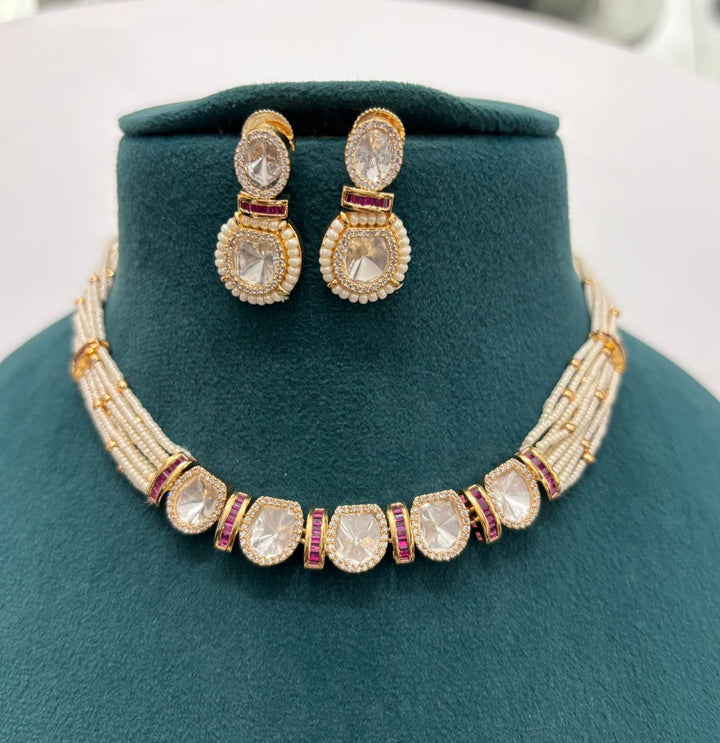 Pearl String Polki Choker Necklace Set with Ruby Accents – Premium Gold Finish