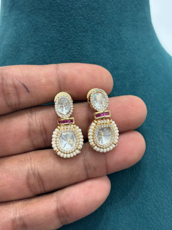 Pearl String Polki Choker Necklace Set with Ruby Accents – Premium Gold Finish