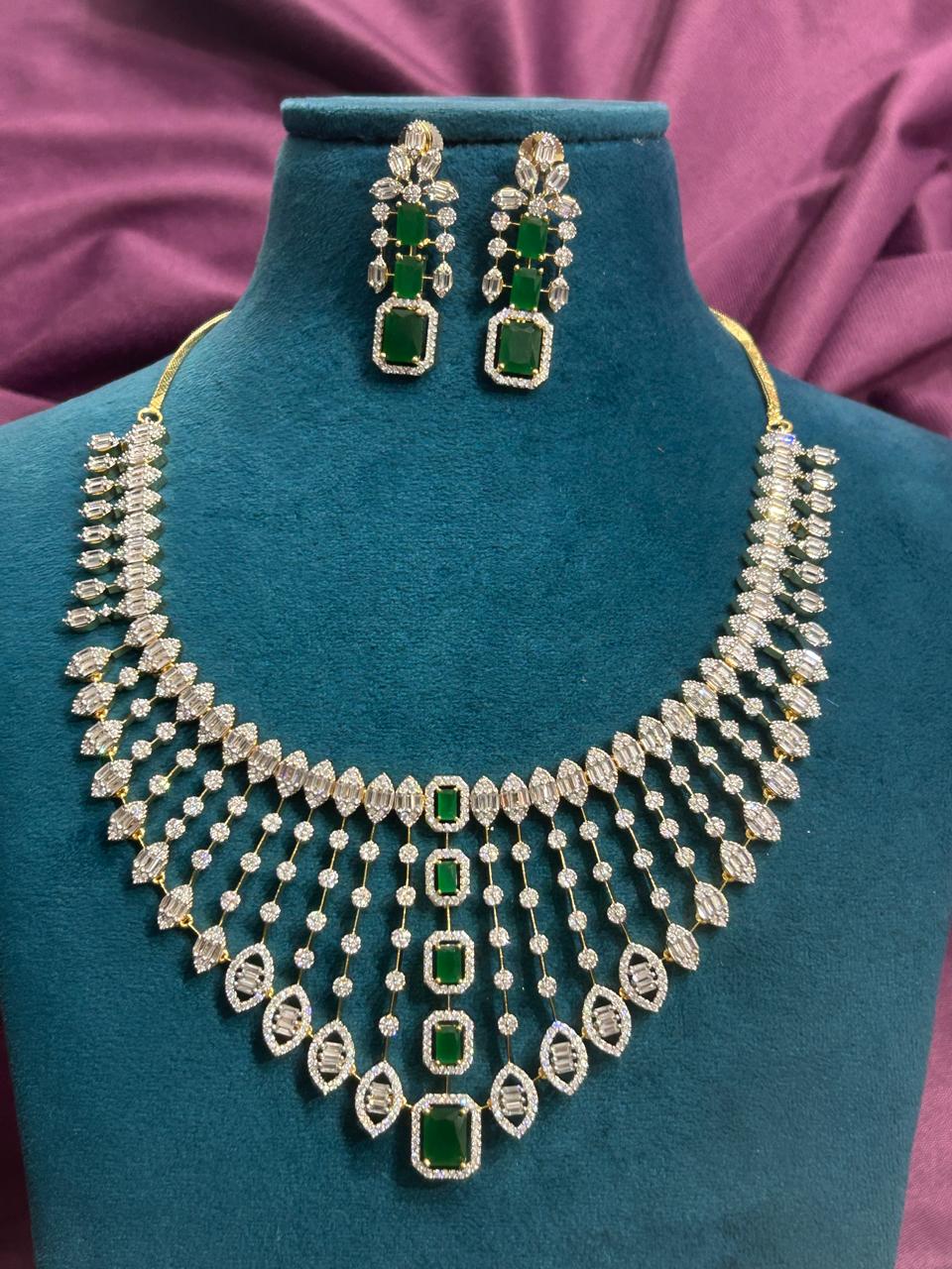 Green Stone Diamond-Look CZ Bridal Necklace Set – Premium Silver Finish