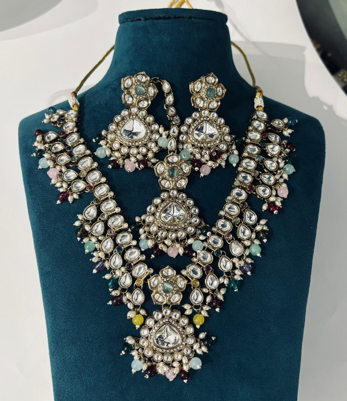 Grand Multicolour Kundan Bridal Necklace Set | Premium Polki Jewellery