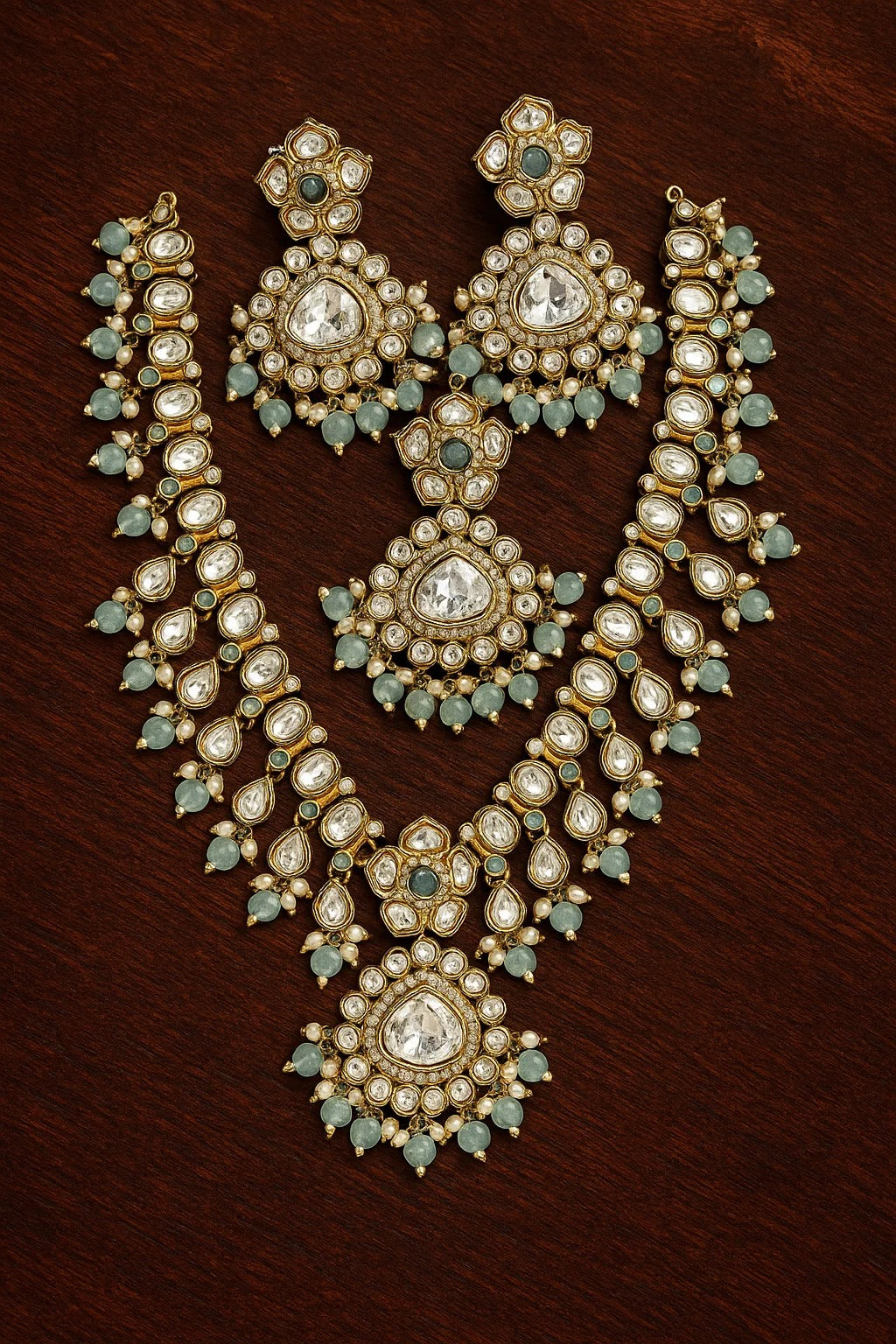 Pastel Green Kundan Bridal Necklace Set | Premium Polki Jewellery