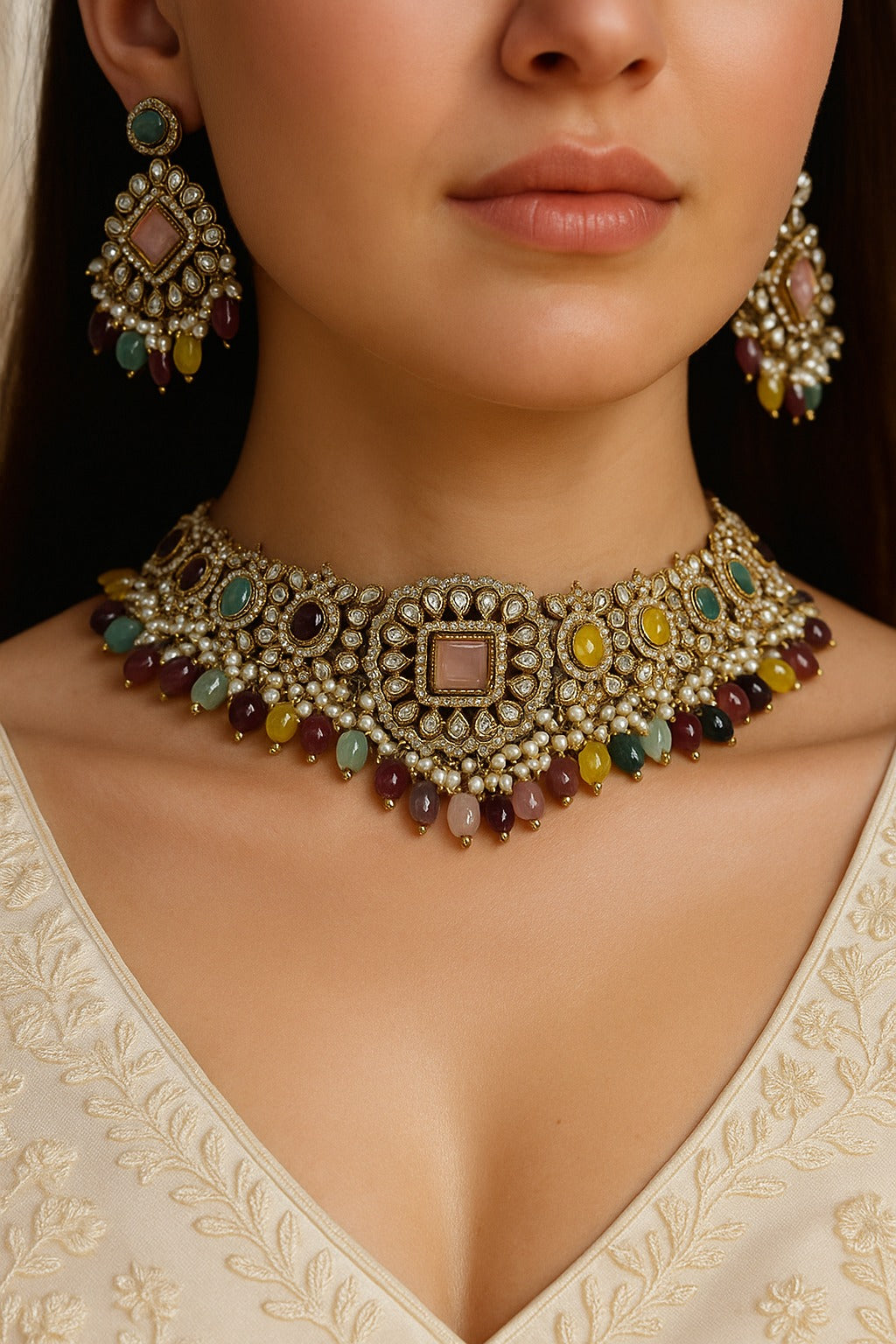 Premium Multicolor Kundan Choker Set with Maang Tikka | Bridal Polki Jewellery