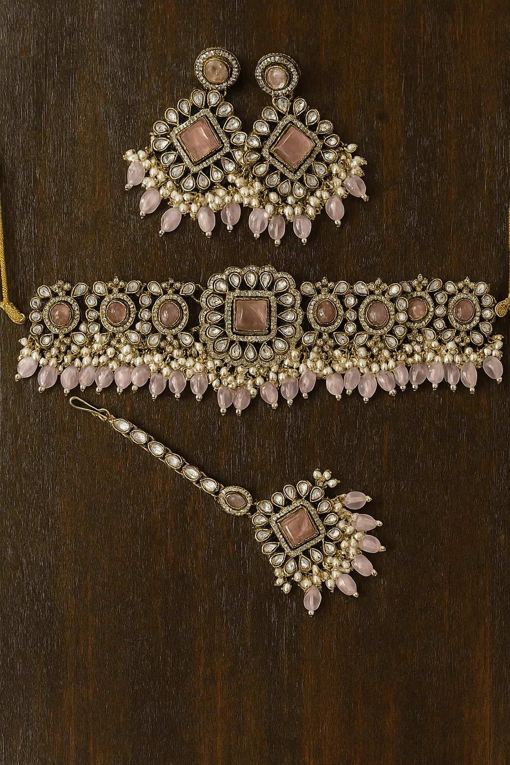 Pastel Pink Kundan Choker Set with Maang Tikka | Premium Polki Bridal Jewellery