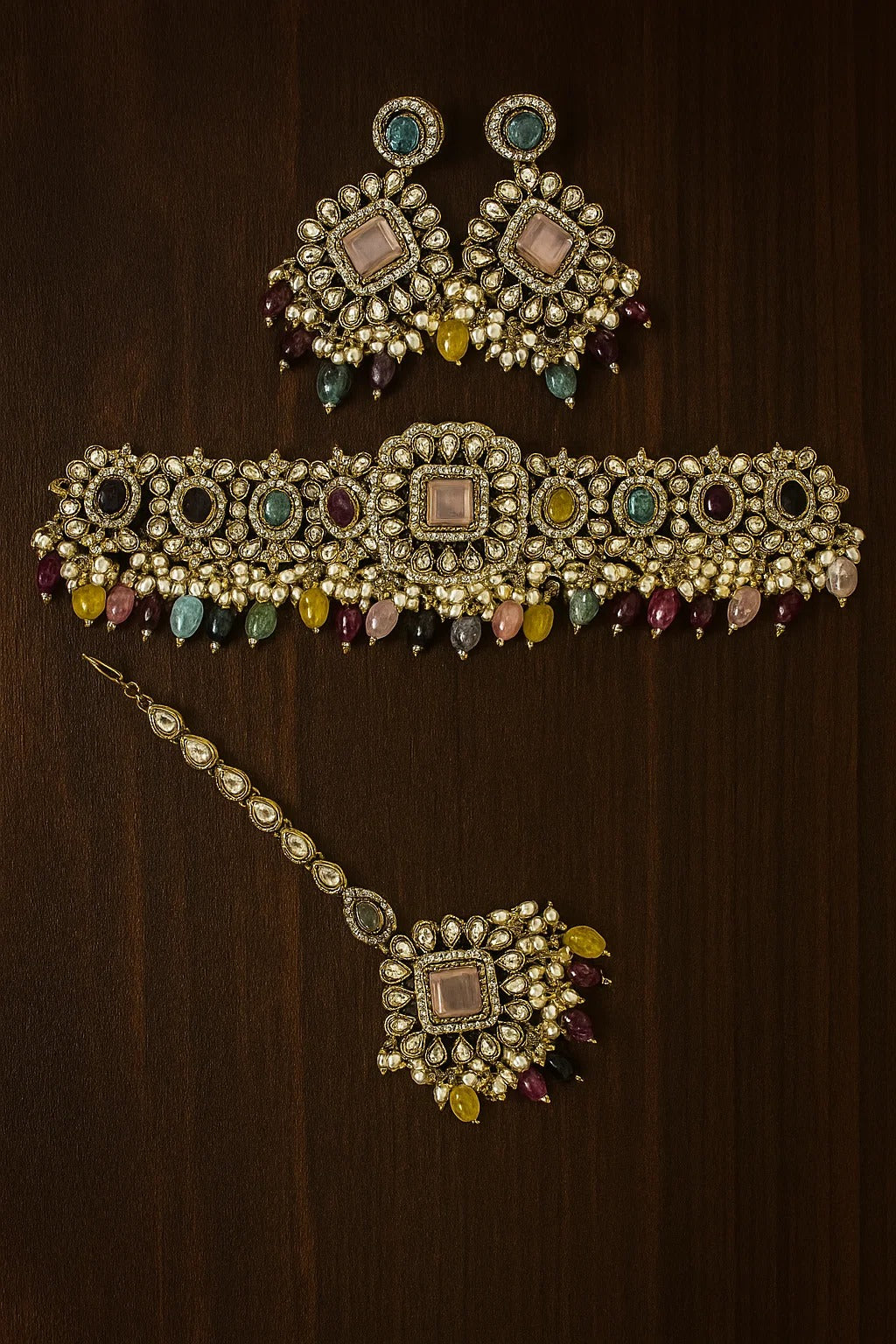 Premium Multicolor Kundan Choker Set with Maang Tikka | Bridal Polki Jewellery