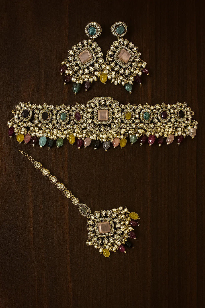 Premium Multicolor Kundan Choker Set with Maang Tikka | Bridal Polki Jewellery
