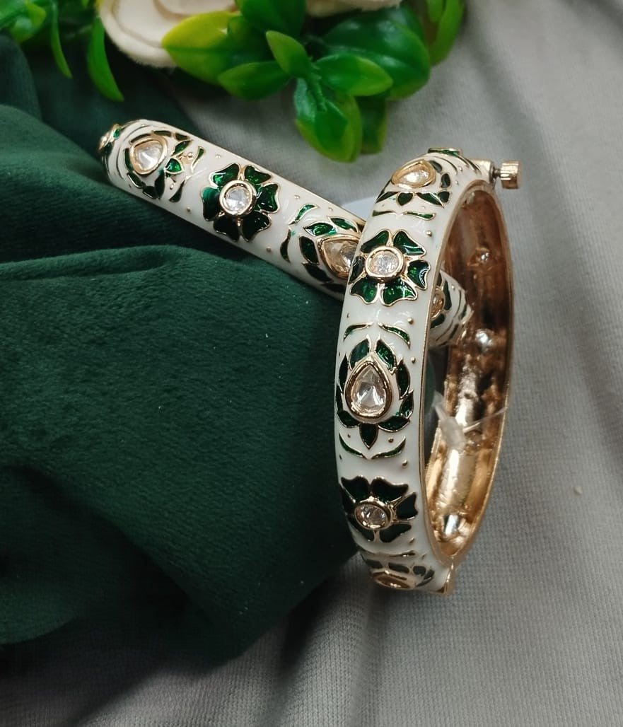 White Meenakari Kundan Openable Bangles – Royal Lotus Design