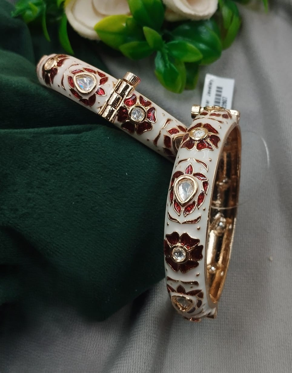White Meenakari Red Lotus Kundan Openable Bangles – Premium Bridal Kada