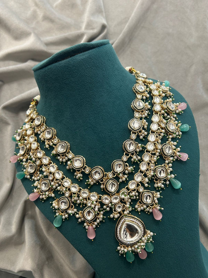Pastel Green & Pink Kundan Bridal Necklace Set with Earrings & Maang Tikka – Premium Polki Finish