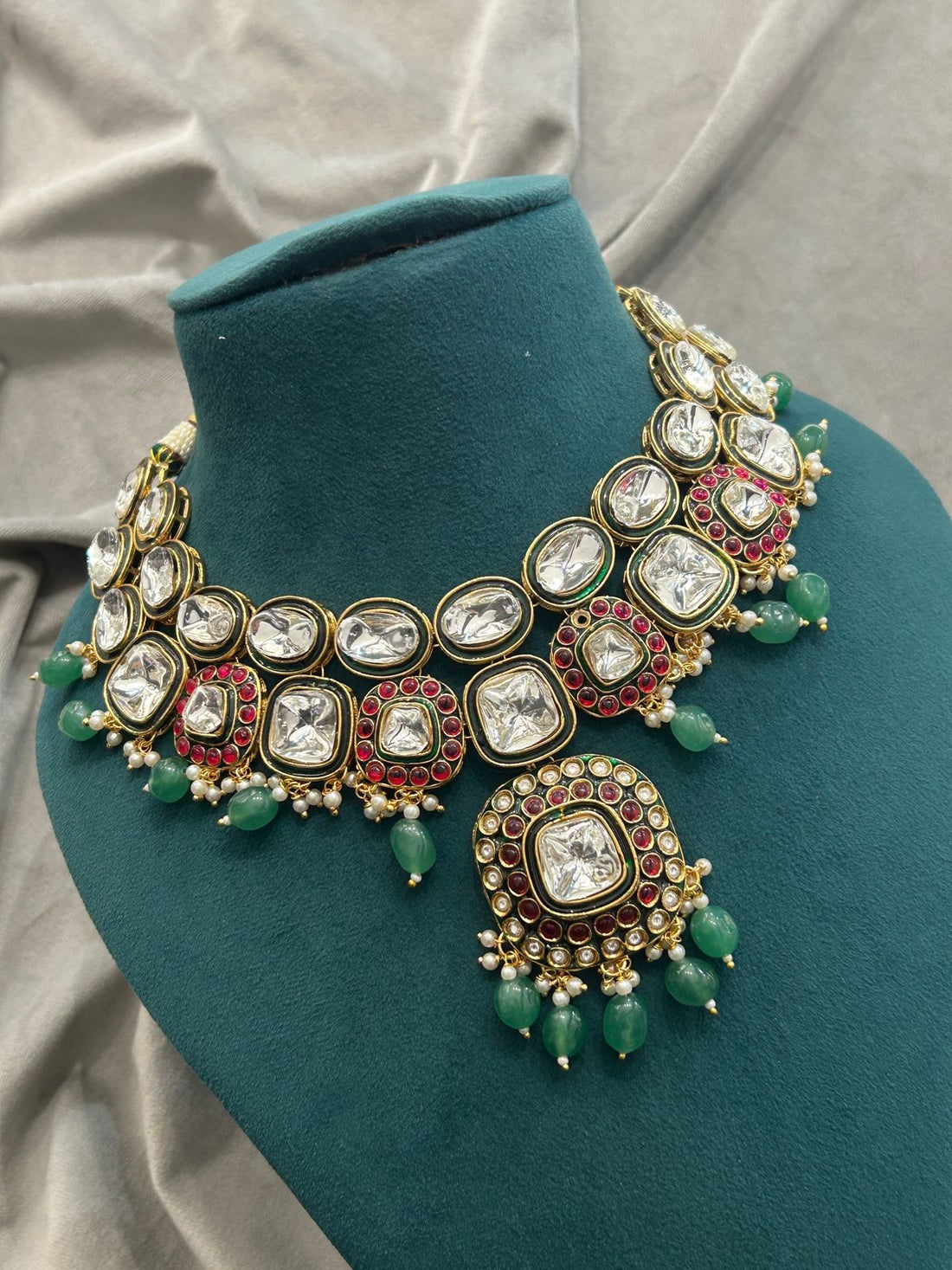 Red & Green Kundan Bridal Necklace Set with Earrings & Tikka
