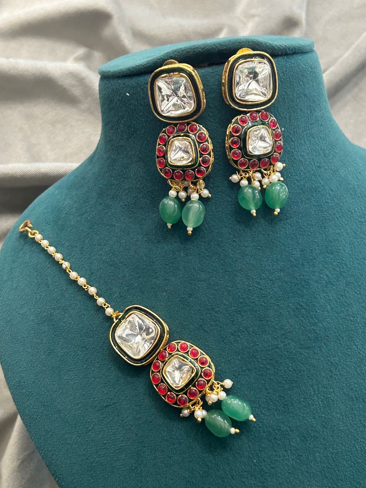 Red & Green Kundan Bridal Necklace Set with Earrings & Tikka