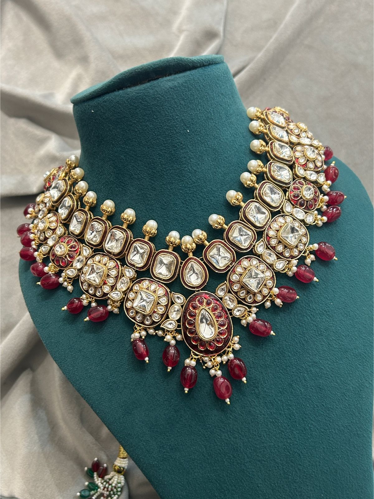 Royal Red Kundan Necklace Set with Pearls & Statement Earrings
