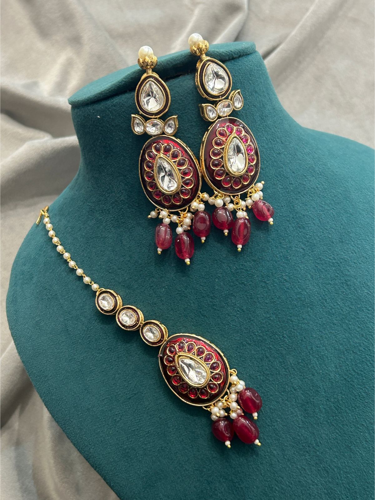 Royal Red Kundan Necklace Set with Pearls & Statement Earrings