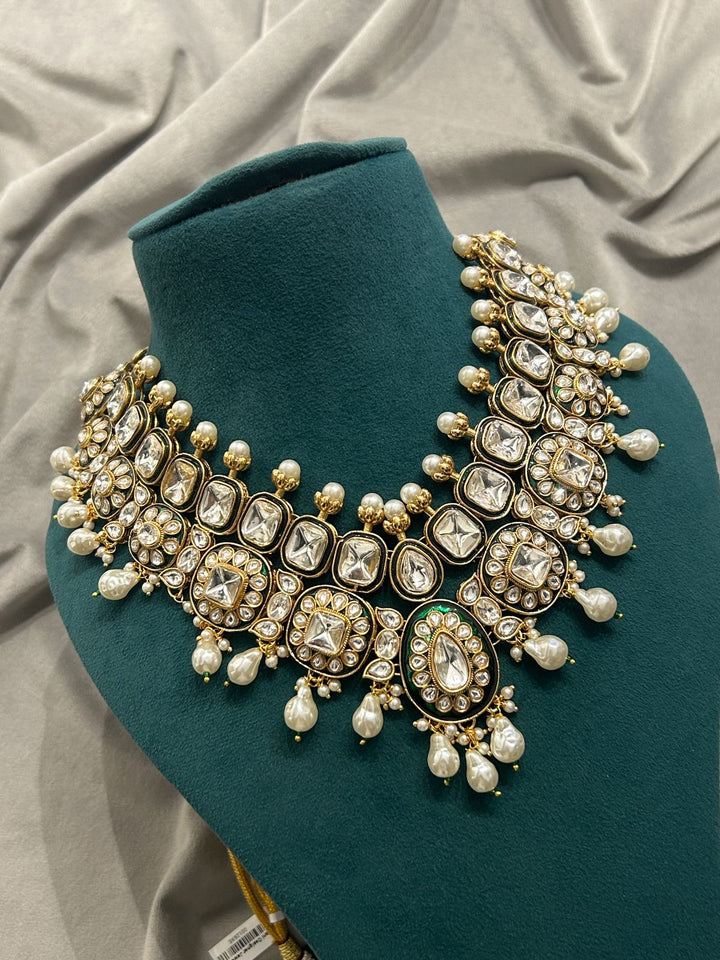 Pearl Drop Kundan Bridal Necklace Set with Earrings & Maang Tikka – Green Enamel Detailing