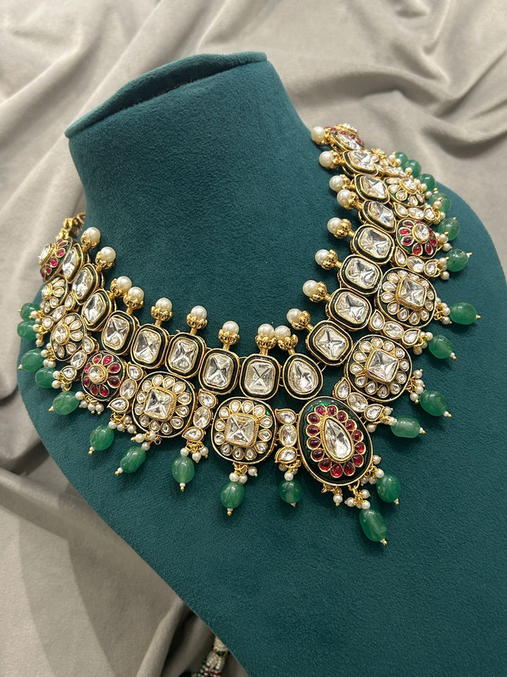 Dual-Tone Kundan Bridal Necklace Set with Green Beads & Red Enamel – Premium Wedding Jewelry