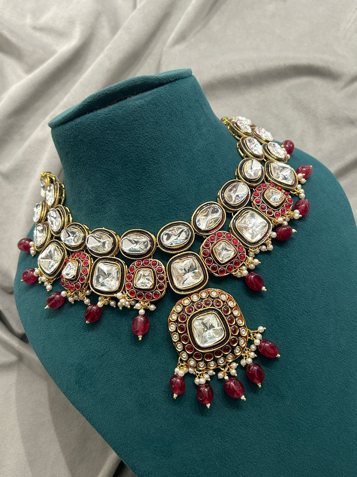 Ruby Red Kundan Bridal Necklace Set with Earrings & Tikka