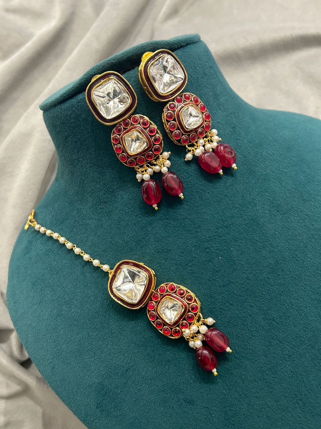 Ruby Red Kundan Bridal Necklace Set with Earrings & Tikka