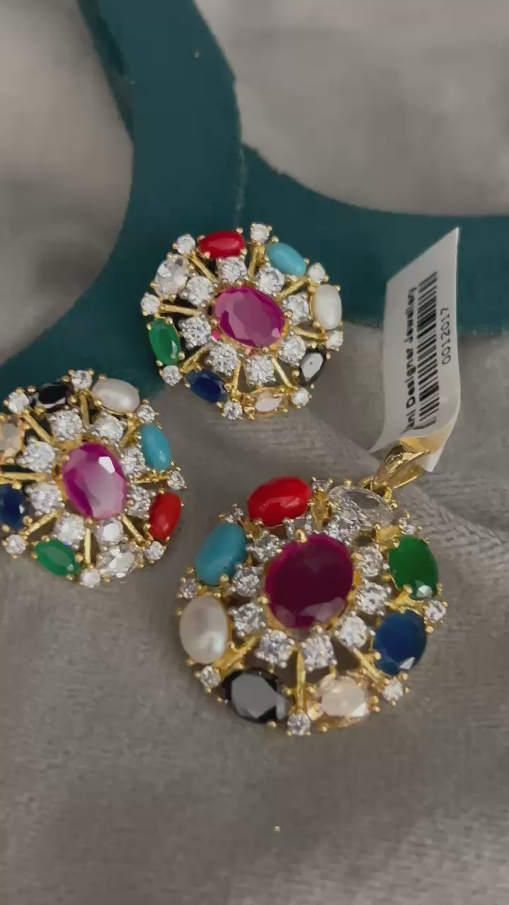Navratna Pendant Set with Colorful Stones & CZ Diamonds