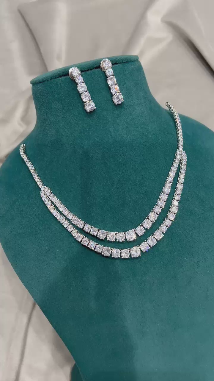 Two-Line Solitaire Diamond Necklace Set – White Polish Finish