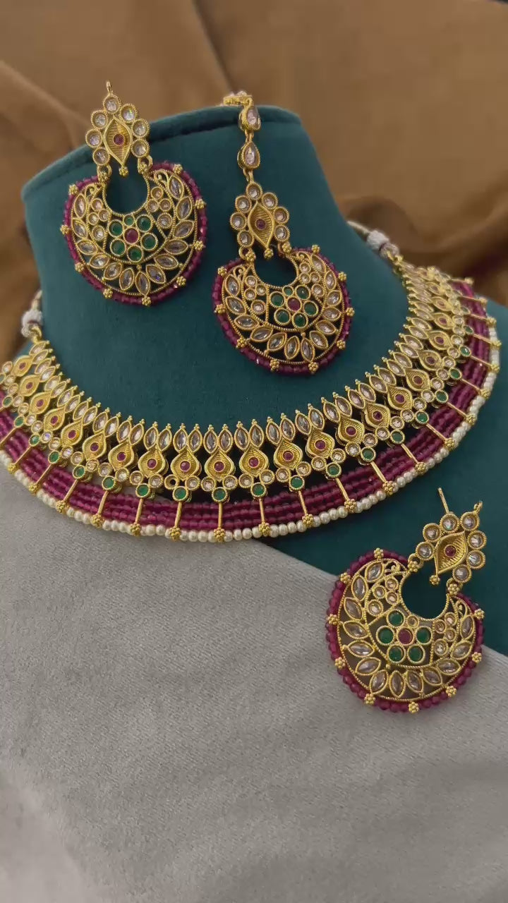 Royal Kundan Bridal Necklace Set with Ruby Bead Detailing