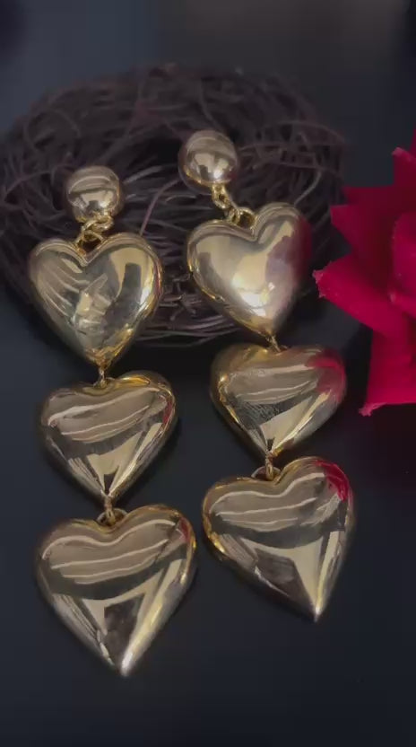 Golden Triple Heart Dangler Earrings – Statement Party Wear